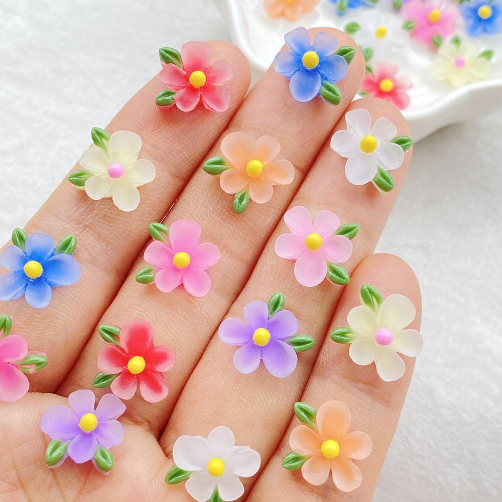 50Pcs Cute Cartoon Mini Colored Flowers and Leaves Nail Art Resin Designer Charms DIY Craft For Nail 3D Decorations Jewelry