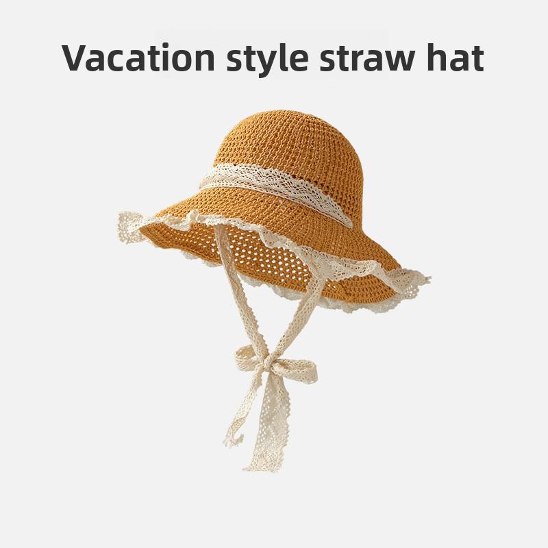 Hat Women's Spring and Summer French Straw Hat Versatile Lace Sunscreen Hat Summer Seaside Beach Sun Hat