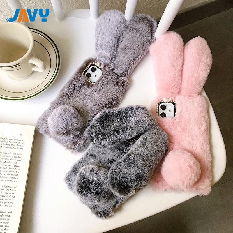 JAVY Plush Rabbit Cute Warm Phone Case Fur Cover For Iphone 17 Pro Max 16 16e 15 14 13 12 11 X XR XS 13 Mini Furry Fluffy Cover