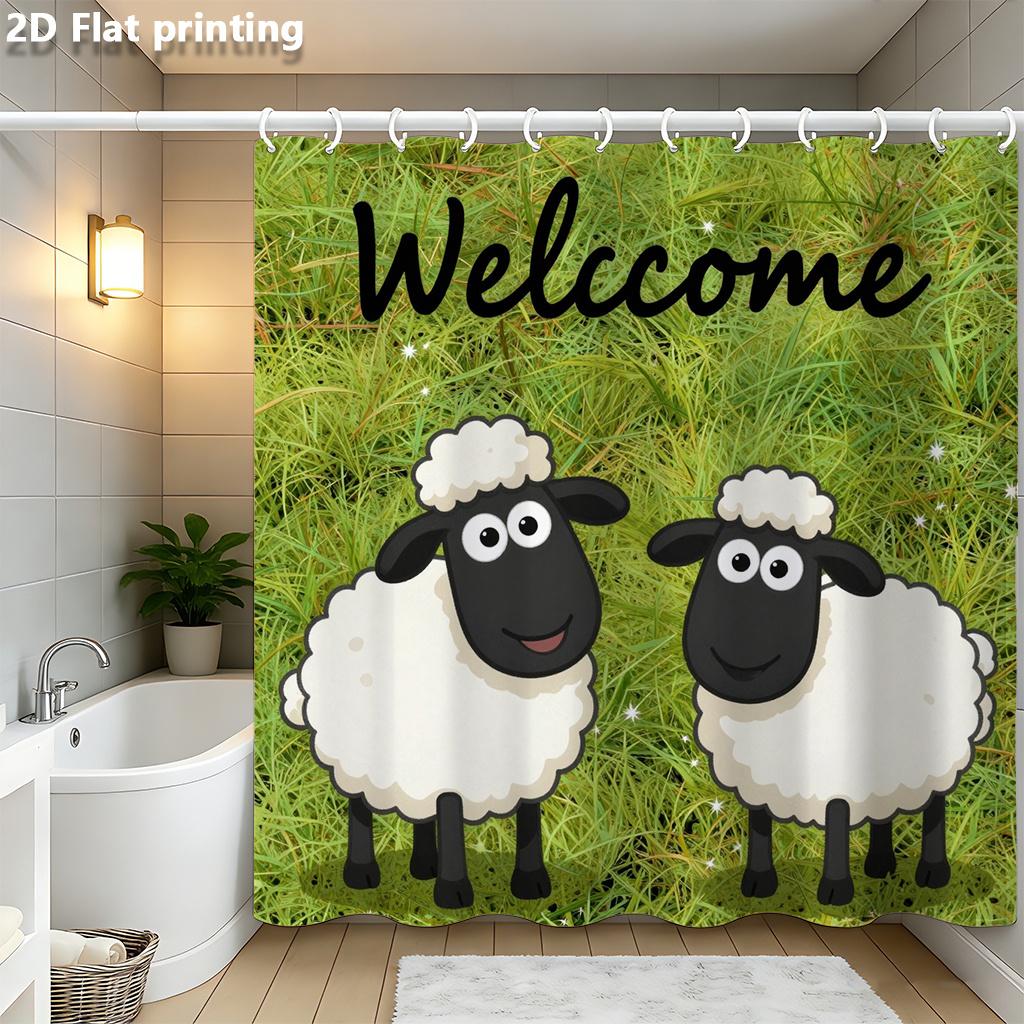 

Cute Sheep Shower Curtain 1Pc Polyester 2D Flat Print 70.8X70.8 Inch Green Grass Background Friendly Bathroom Decor W60H190(CM)-1 Pcs