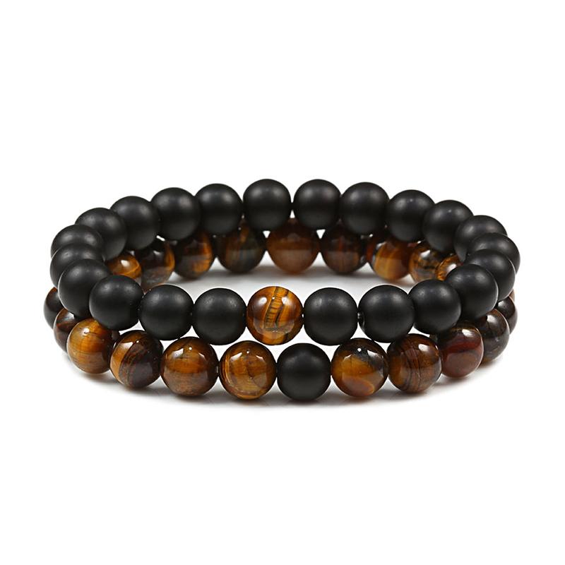 2pcs/set Bead Bracelet Natural Tiger Stone Charm Onyx Beaded Couple Distance Bracelets for Women Men Friend Gift Stretch Jewelry
