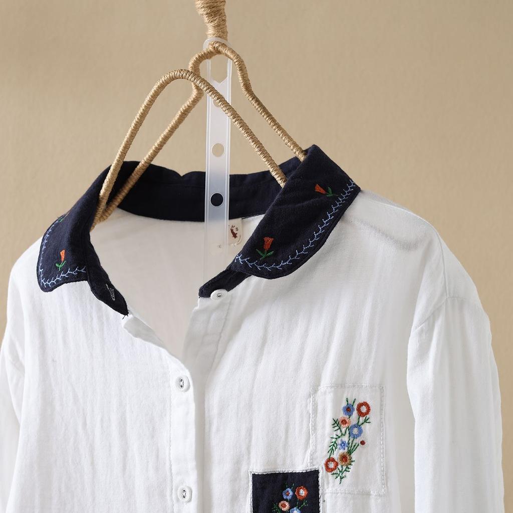 Spring Autumn Embroidered Shirt Cotton Doll Collar Vintage Artistic Versatile Top