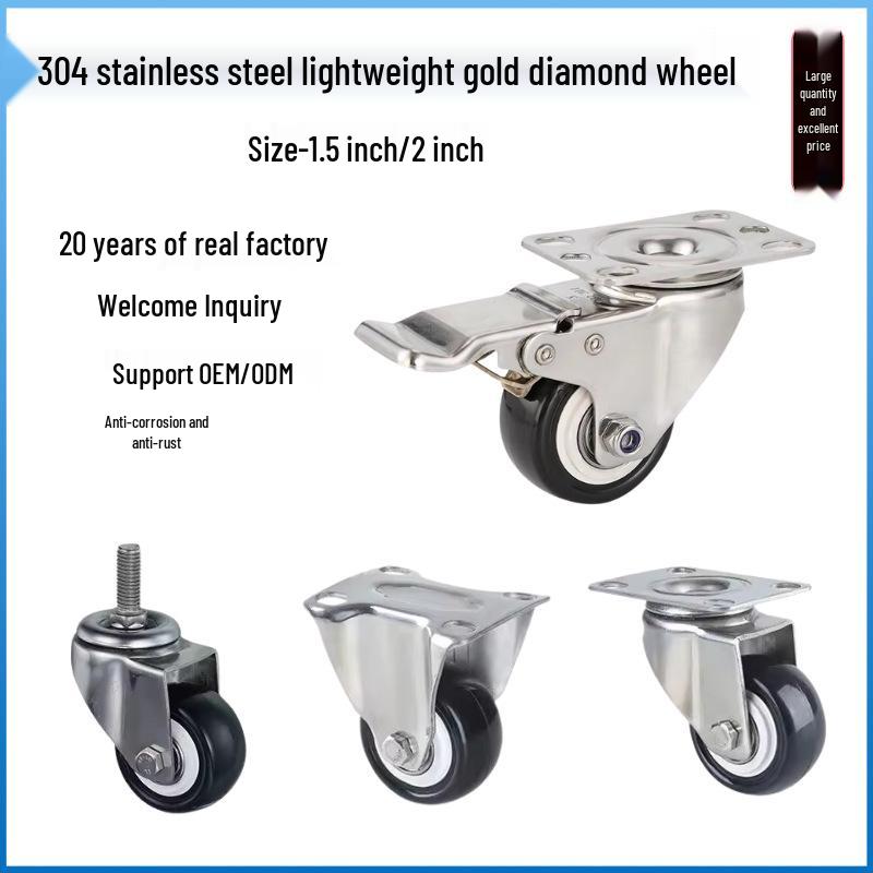 Golden Diamond 304 Stainless Steel Swivel Casters with Brakes - 1.5" & 2" Wheels for Furniture