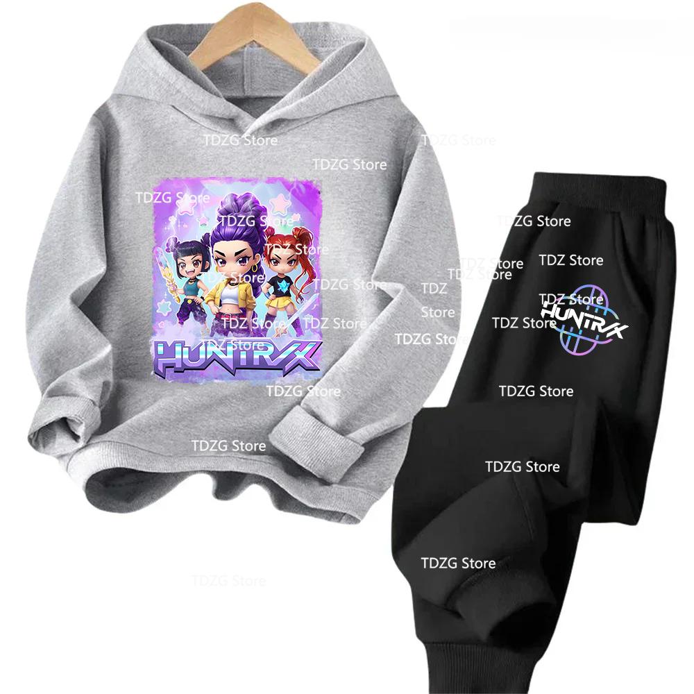 Hot Movie KPop Demon Hunters Fleece Hooded Children's Hoodies Trousers Set Kid Pants Suit Casual Fashion Boy Girl 2pcs Tracksuit