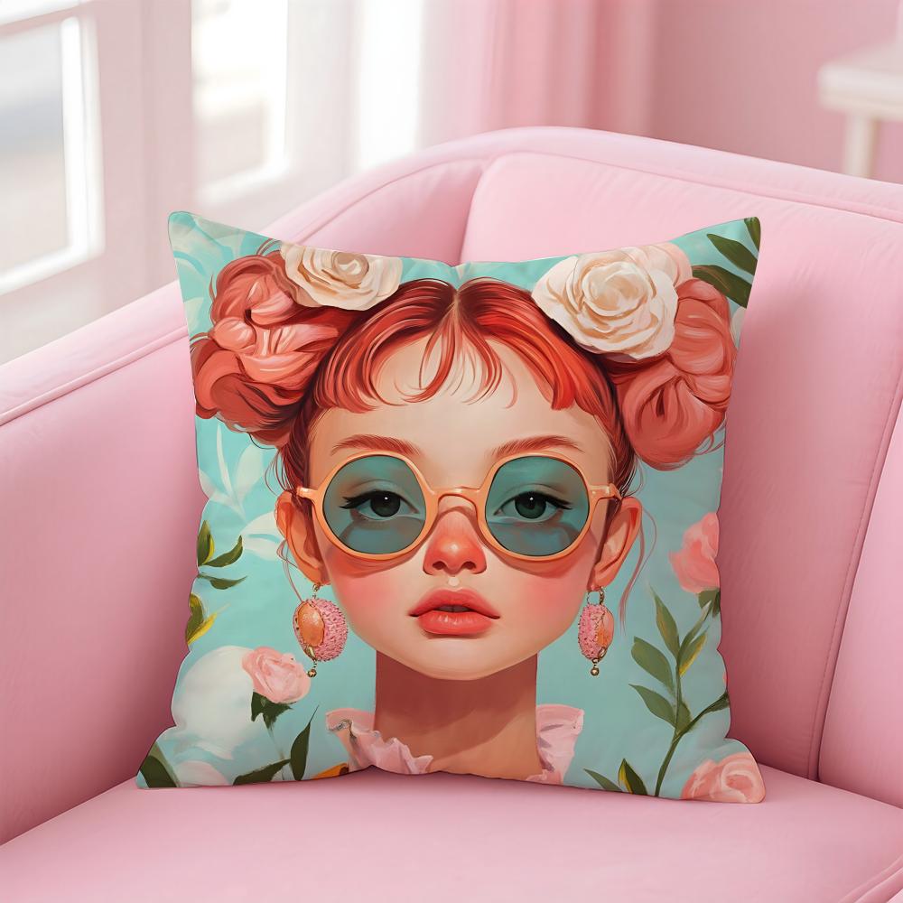 Fashionable Casual Eyeglasses Girl Woman Cushion Cover Pillowcase Short Plush Invisible Zipper Room Sofa Cushion Cover