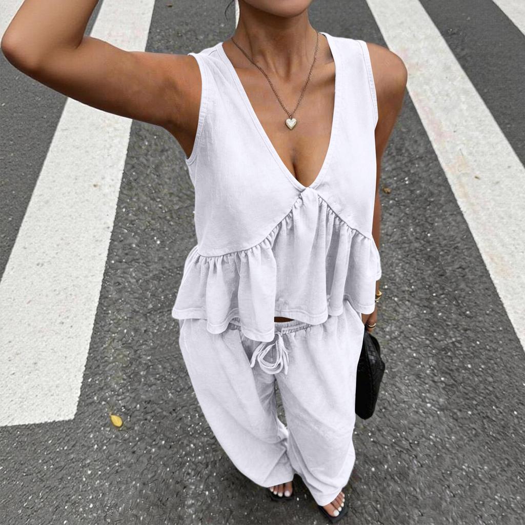 Ladies' Casual V-neck Sleeveless Vest And Pants Set