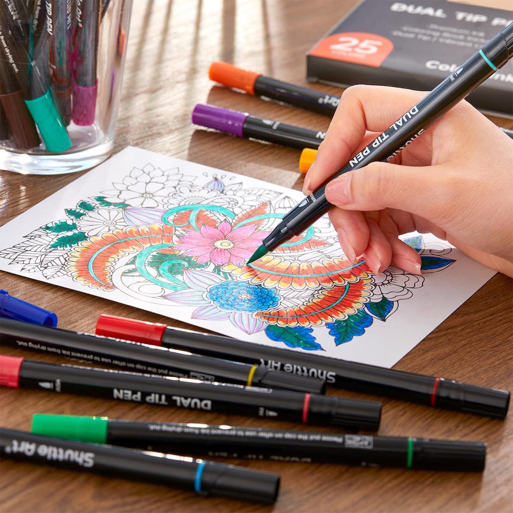 Shuttle Art Watercolor Brush Pen 25 Twin Marker Set with Brush and Extra Fine Includes 1 Coloring Perfect for Picture and Art Supplies with Case Set,