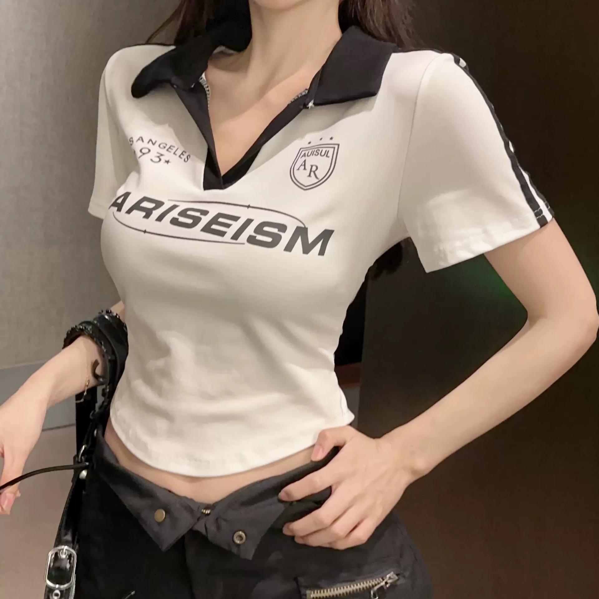 

Женская летняя футболка с коротким рукавом, хлопковая, с воротником поло на плечах, новый дизайн 2025 года, нишевая, в американском стиле, короткий топ, лето S белый