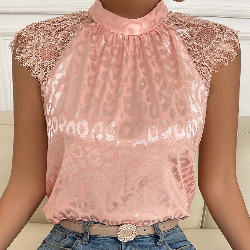 New Fashion Women's Summer Shirt Leopard Print Half Turtle Collar Shirt Lace Sleeve Pullover