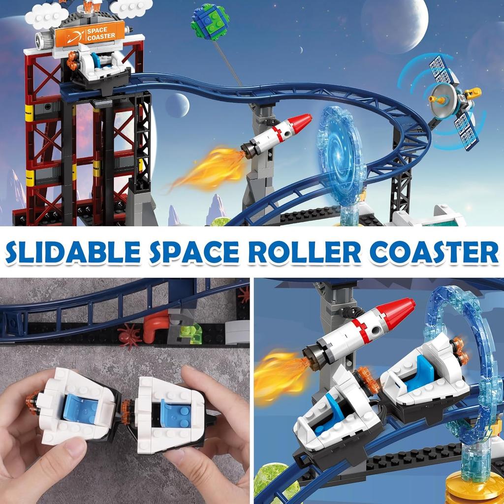 HOGOKIDS Brinquedo de Construção Montanha Russa Espacial - 888 Peças Conjunto de Construção Apresenta Plataforma Elevatória, Satélites, Foguete Montável Parque