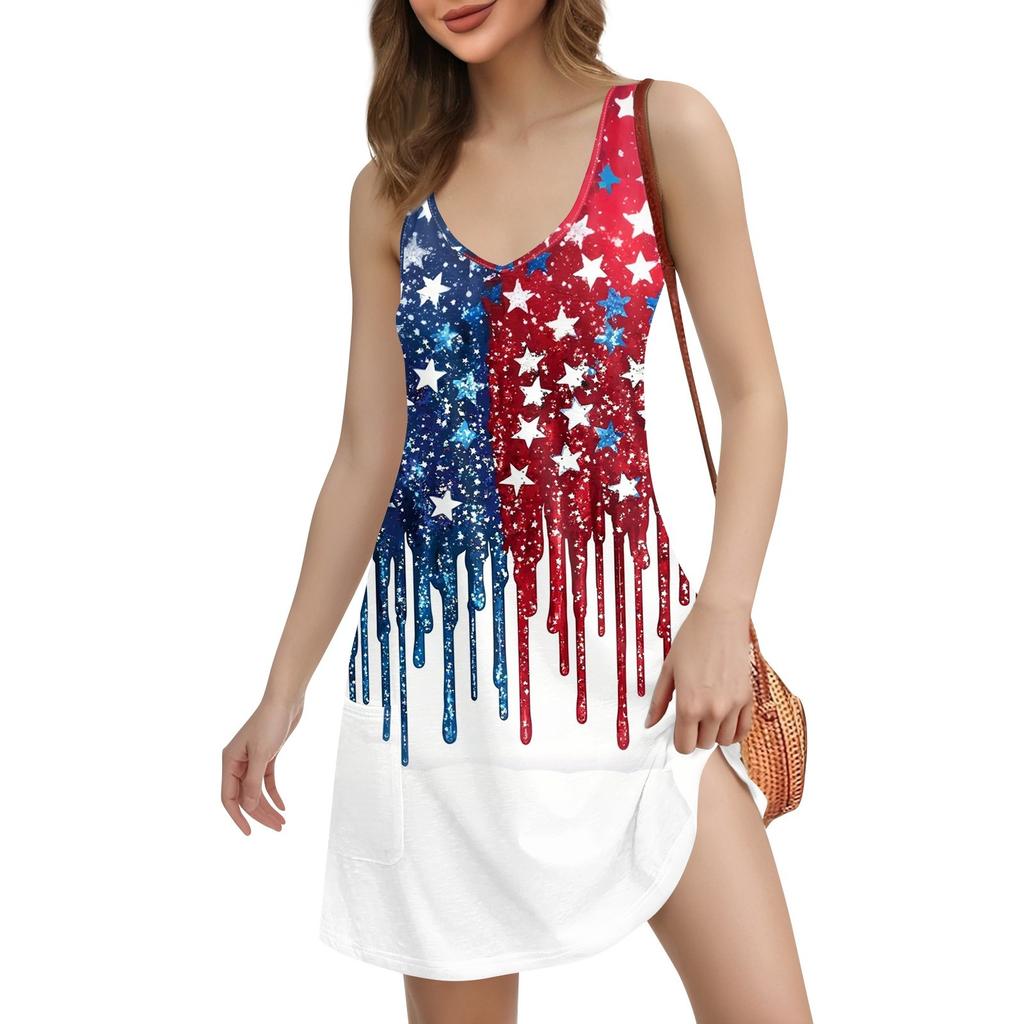 Damen Casual Print Bohemian Strandkleid mit Taschen V-Ausschnitt Tankkleid