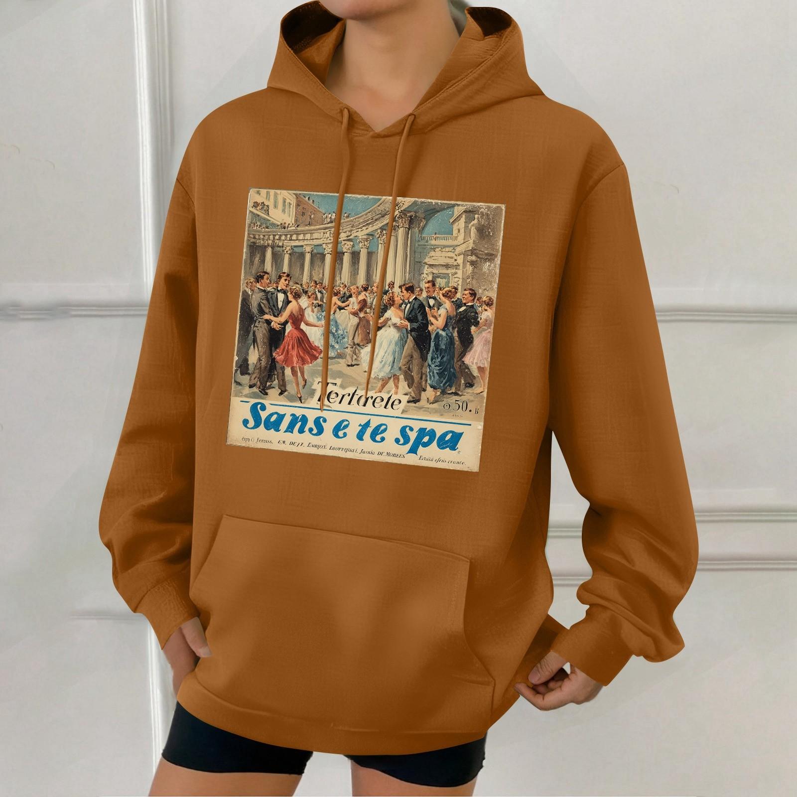 

Женская модная толстовка с капюшоном в стиле ретро с принтом и карманами S коричневый