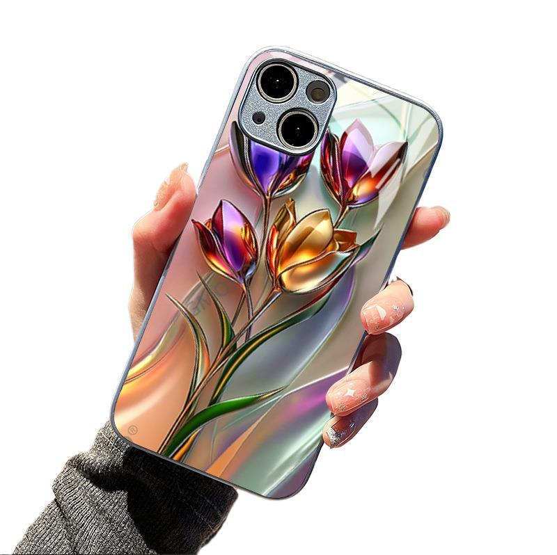 Metal texture tulip mobile phone case iPhone15promax high value glass mobile phone case Apple 17