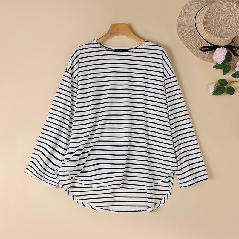 ZANZEA Women Casual Round Neck Long Sleeve Loose Stripe T-Shirts