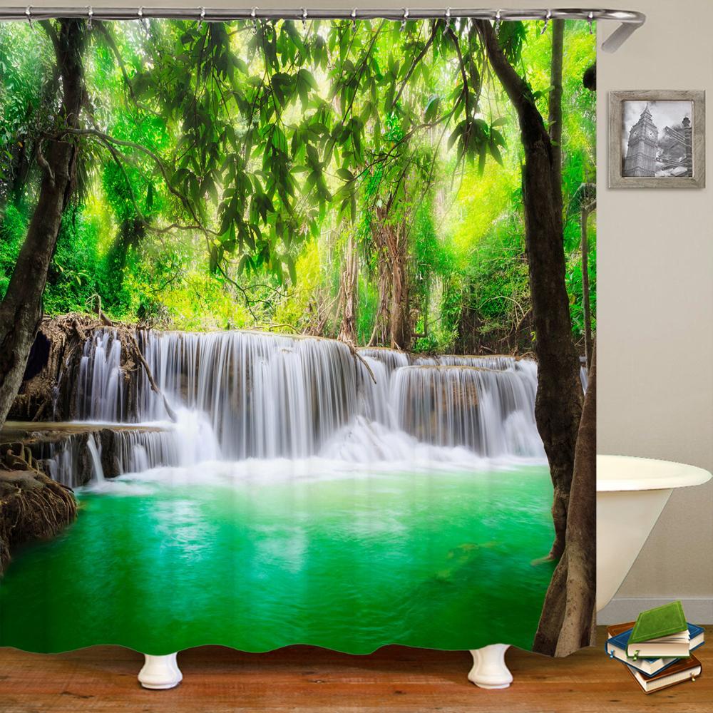 Natureza Paisagem Florestal Cortinas de Chuveiro Cortina de Banheiro Tecido Poliéster Impermeável Cenário Cortina de Banho com Ganchos