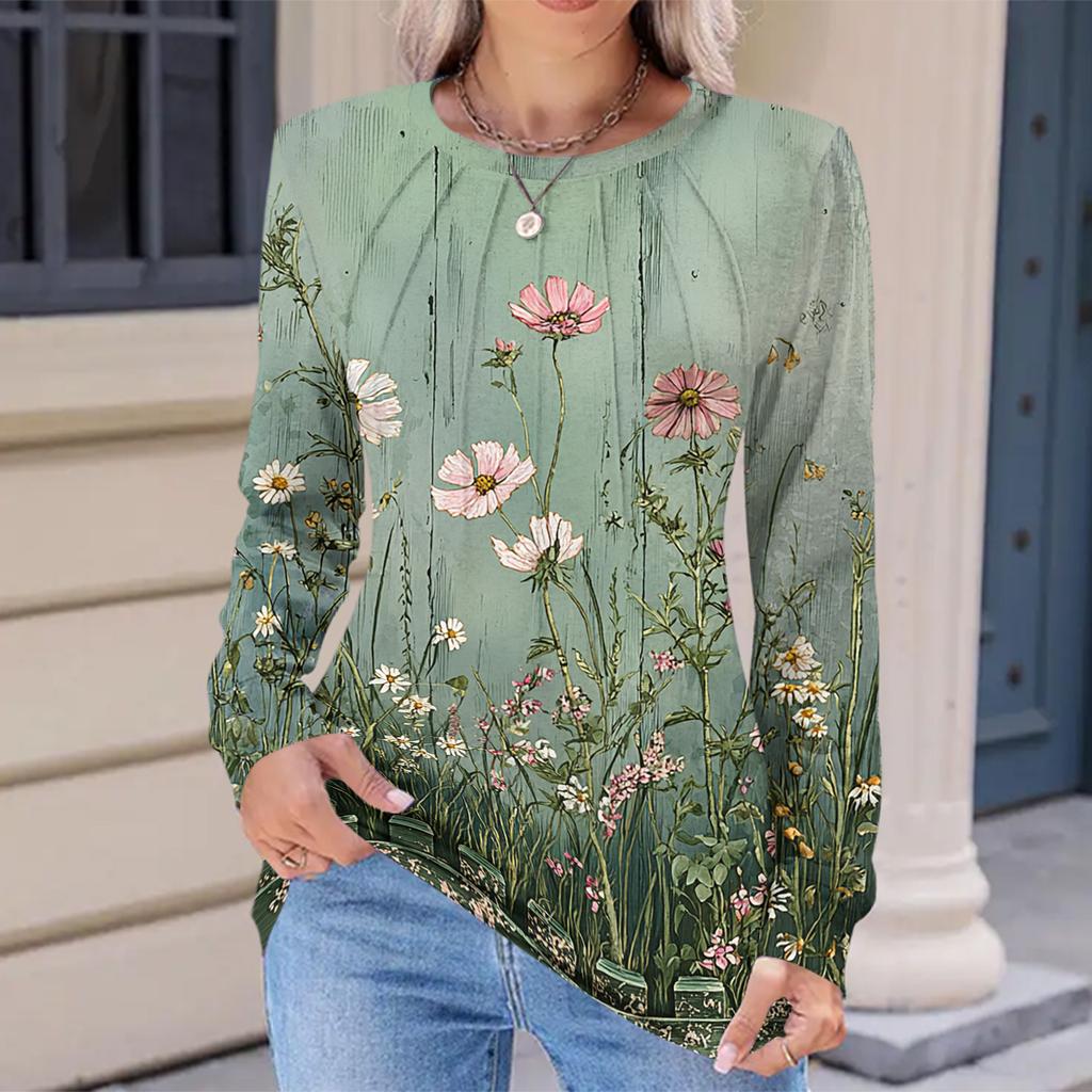Women's Fashionable Casual Floral Retro Print Pleated Comfortable Round Neck Loose Long Sleeve T-shirt Top