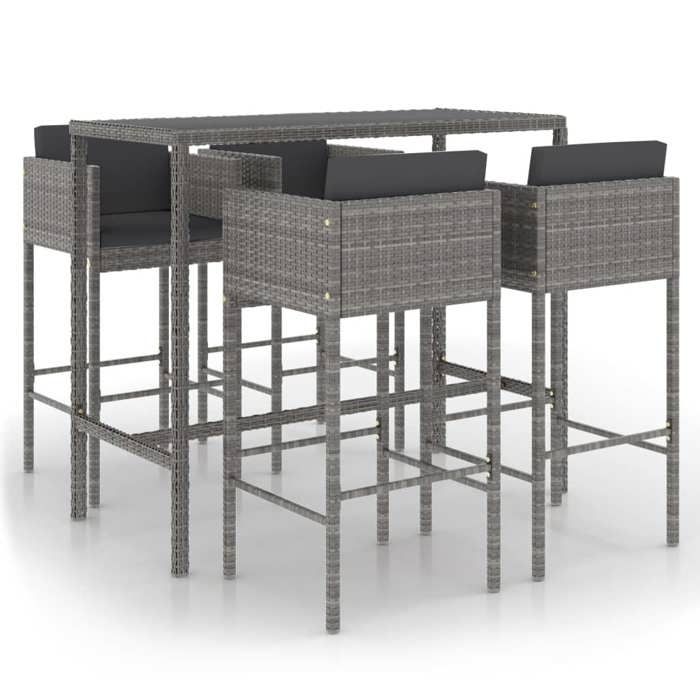 Ensemble bar de jardin - MAISON EXCLUSIVE - 5 pièces - Résine tressée gris - Coussins inclus - Plateau verre trempé