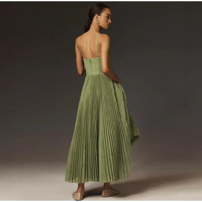 Damen Sexy Trägerloses Ausgeschnittenes A-Linien Langes Kleid Lässig Ärmellos Rückenfrei Reißverschluss Trägerkleid Neu Frühling Sommer Einfarbig Plissierte Kleider