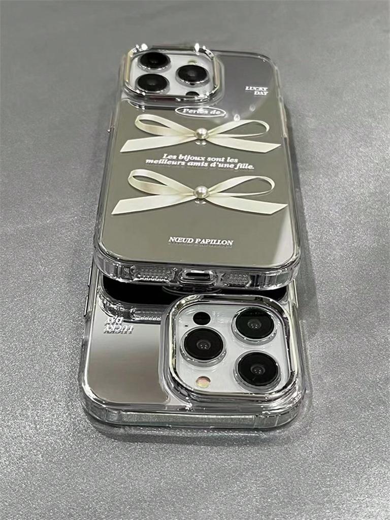 Pearl bow mirror phone case for IPhone15ProMax 14 13 12 11 Drop proof phone case Fully covered soft case