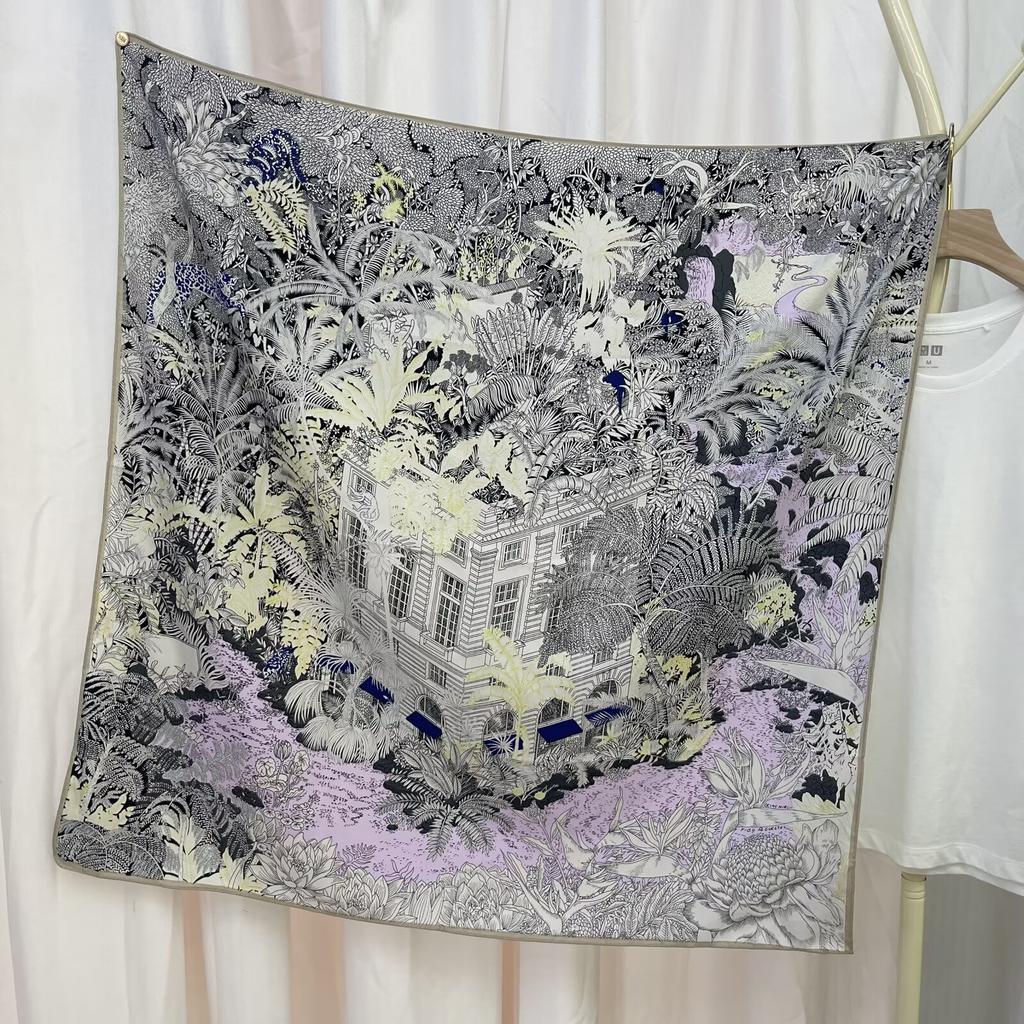 New European  American and Korean Printed Silk Scarf with Large Square Scarf Versatile High-end Twill Sunscreen Decorative Shawl Scarf for Women