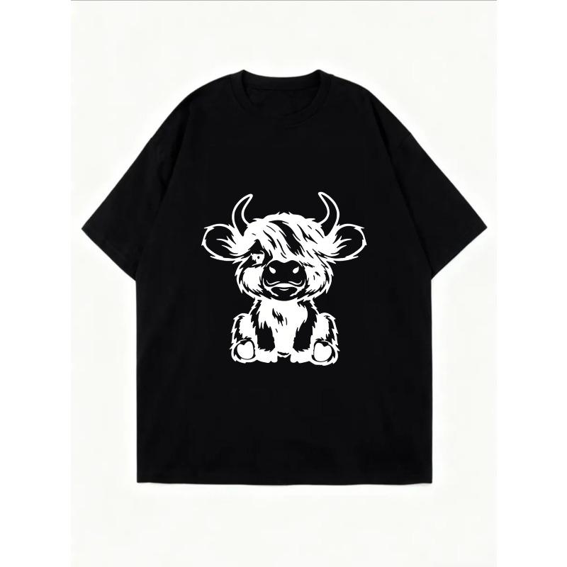 White Oversized T Shirt With Cute Bull Cartoon Print For Casual Wear