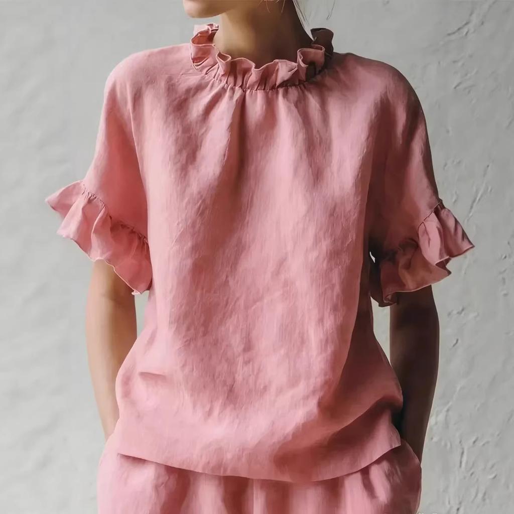 Women Summer New Solid Color Casual Loose Ruffle Short Sleeve Blouse