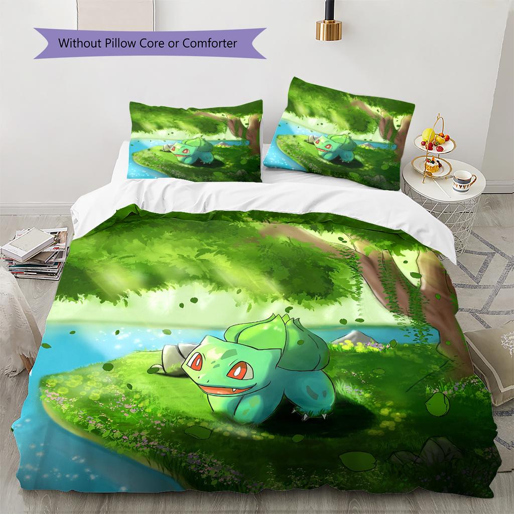Pokémon Bulbasaur Pattern Bedding Home Decoration Birthday Gift (1 * Duvet Cover + 2 * Pillowcase, Without Core)