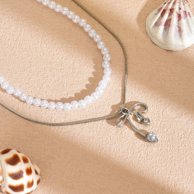 Stacked Pearl Necklace Retro Necklace Light Luxury High Sense Bow Collarbone Chain Women