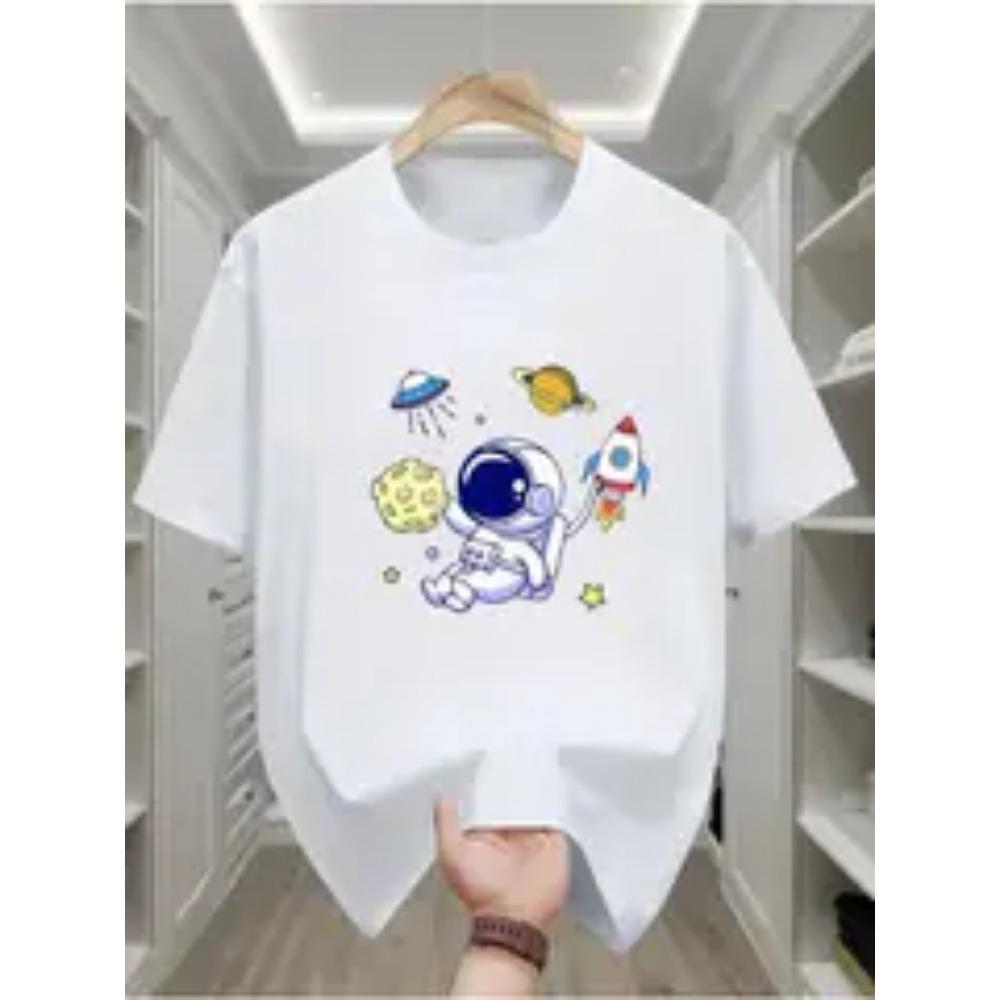 Men's Casual Cotton T-Shirt with Astronaut and Planets Print Short Sleeve Crew Neck Comfortable Sportswear Top