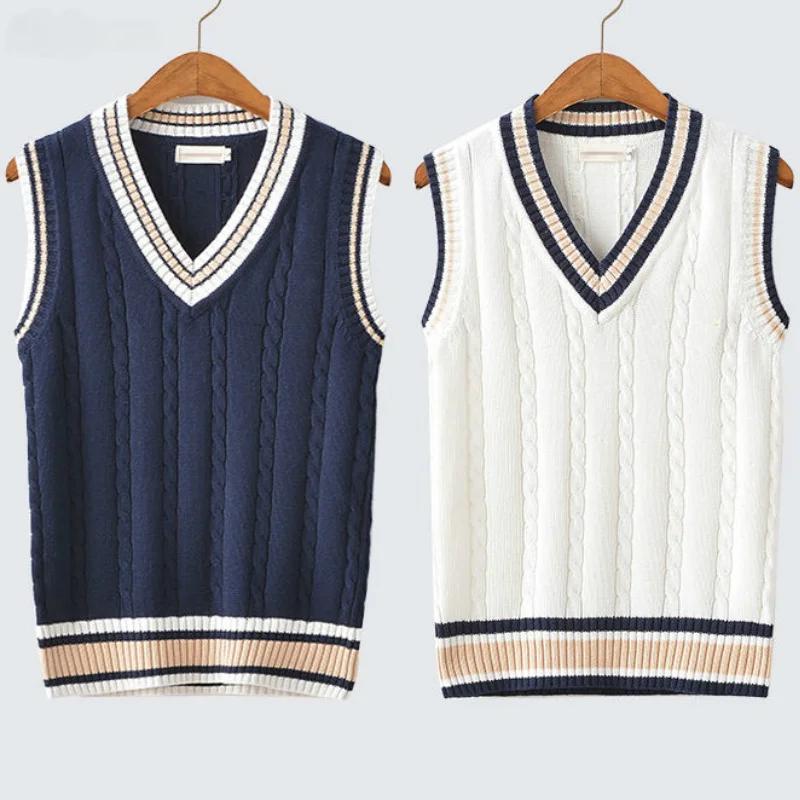 Vestă Pulover Bărbați Îngroșată Gât în V Fără Mâneci Tricotată Veste Pulover cu Dungi Retro Stil Preppy Simplu Șic Larg Casual Potrivire Perfectă