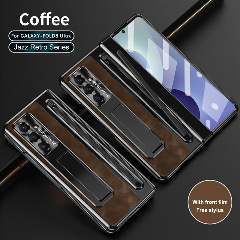 PU Leather Hinge Case For Samsung Galaxy Z Fold 8 Ultra 6 5 4 Fold8 5G S Pen Slot Holder Bracket Glass Film Protector Cover