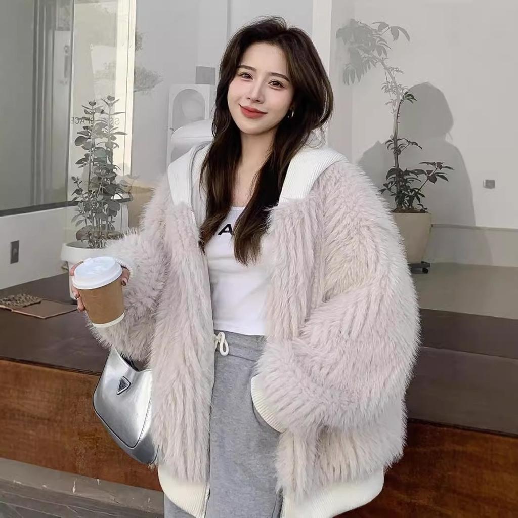 VAYLA Spring Winter Hairy Shaggy Soft Thick Warm Faux Fur Coat Women with Hood Fluffy Jacket Fake 2 Piece Clothes