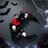 Gothic Halloween Wall Wreath, Moon Shape Rose and Skull Wreath Hanging Decoration for Front Door, Entryway, Room, and Themed Party Backdrops Display