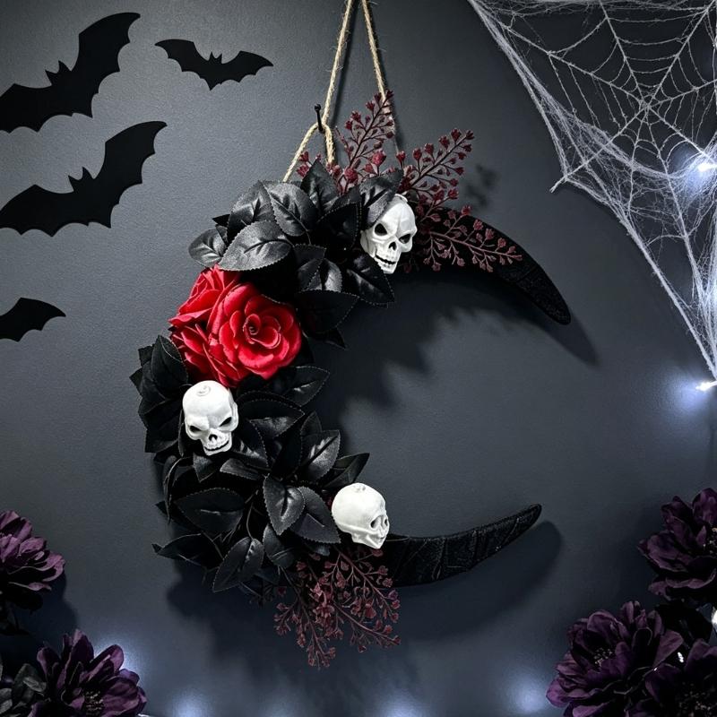 Gothic Halloween Wall Wreath, Moon Shape Rose and Skull Wreath Hanging Decoration for Front Door, Entryway, Room, and Themed Party Backdrops Display
