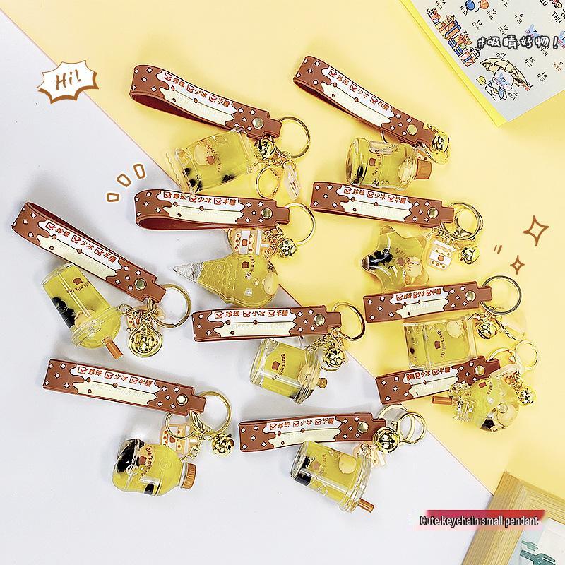 Pearl Milk Tea Bear Keychain - Cartoon Oil-Filled, Floating Liquid Pendant for Bags
