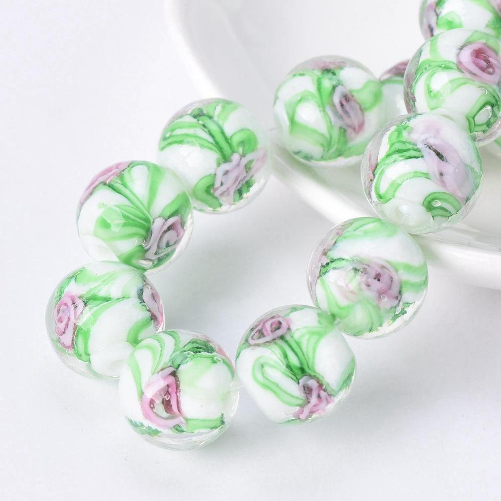 10pcs Round 12mm Flower Pattern Handmade Lampwork Glass Loose Beads For Jewelry Making Accessories DIY Crafts Findings