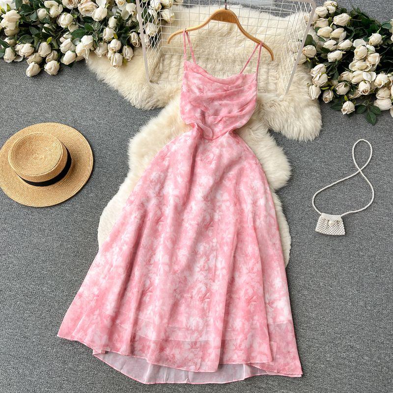 

French Hollow Midriff Outfit Summer Floral Chiffon Suspender Skirt Sakura Long M