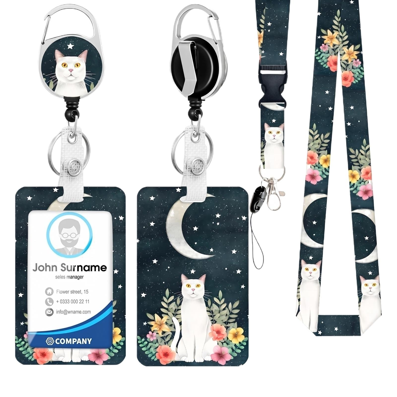 

ID Badge Holder Set with Retractable Reel Lanyard and Clip Cat Illustration Work Badge Holder Office Accessory Set one size