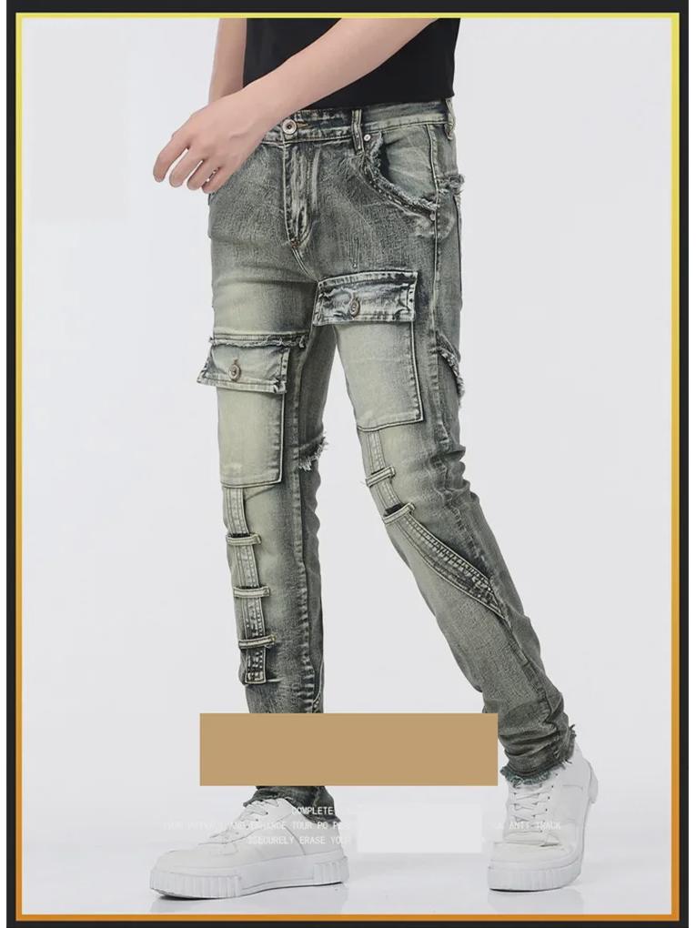 Men's Trendy Slim-Fit Stretch Jeans - Retro Motorcycle Style Skinny Work Pants for Spring and Autumn