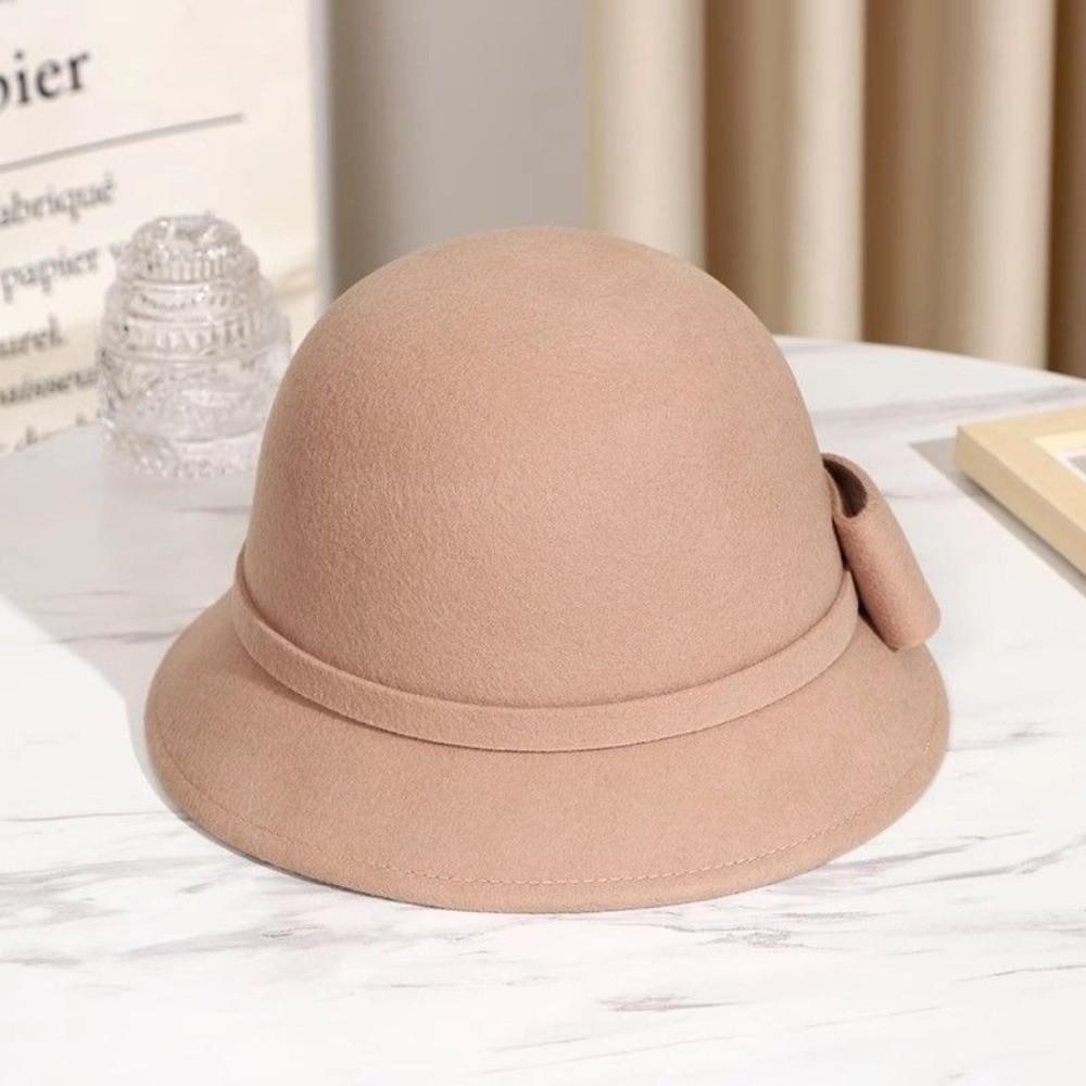 Einfarbiger Schleifen-Topperhut Französischer Stil Woll-Bucket-Hat Eleganter Damen-Fischerhut Famale