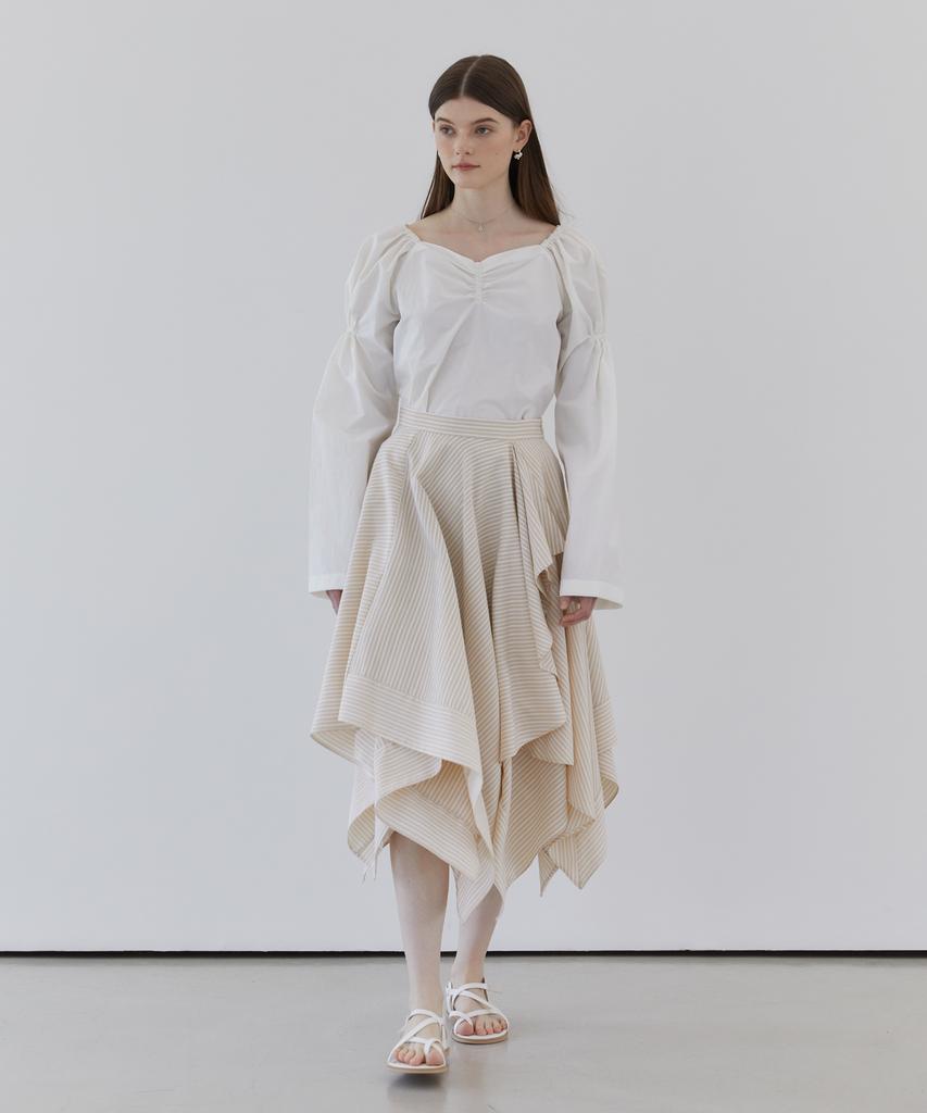 Modern Able Asymmetrical Long Flare Striped Skirt - Beige