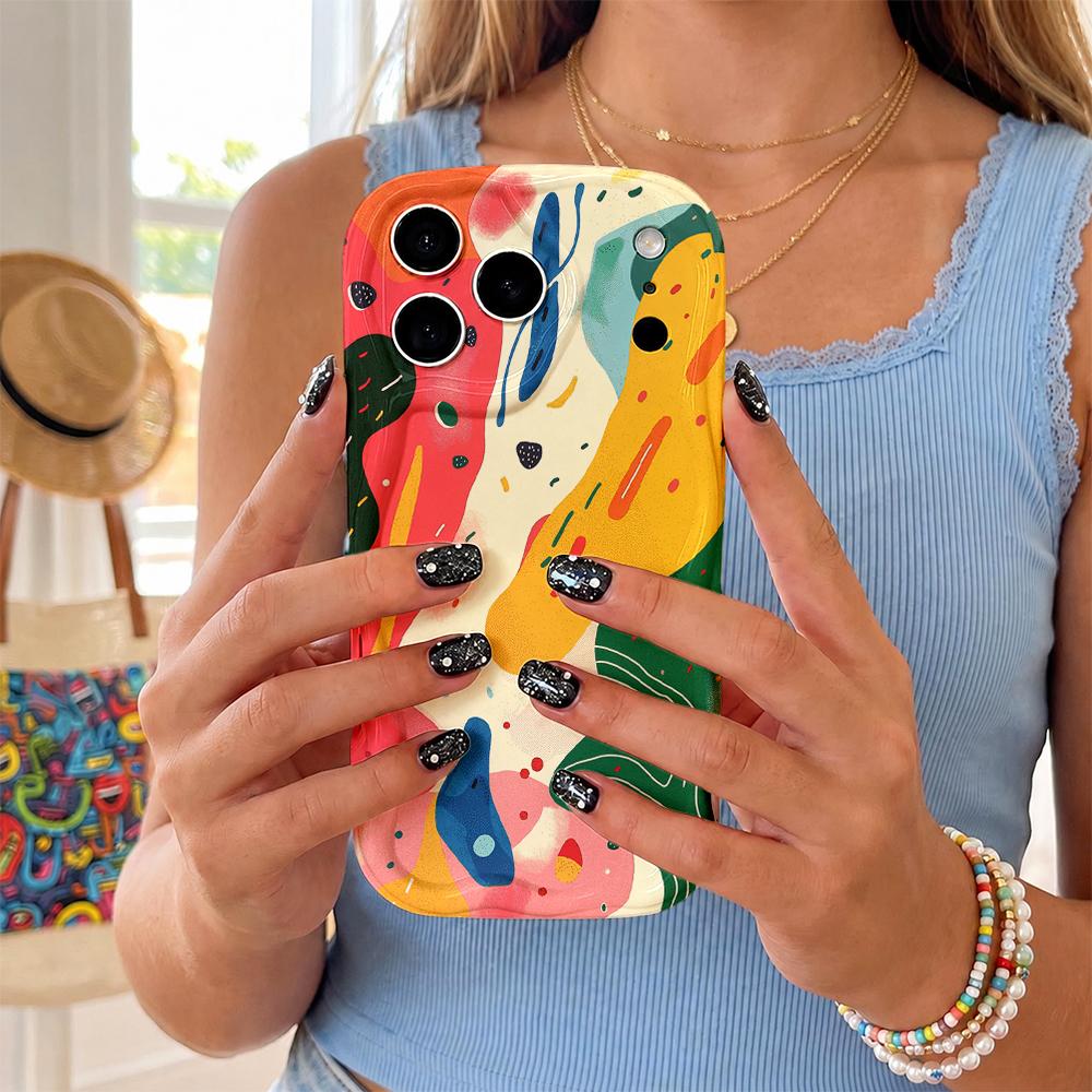 Abstract Color Block Doodle Phone Case For iPhone 17 16 15 14 13 12 11 Pro Max Plus Wavy Edge Protective Cover