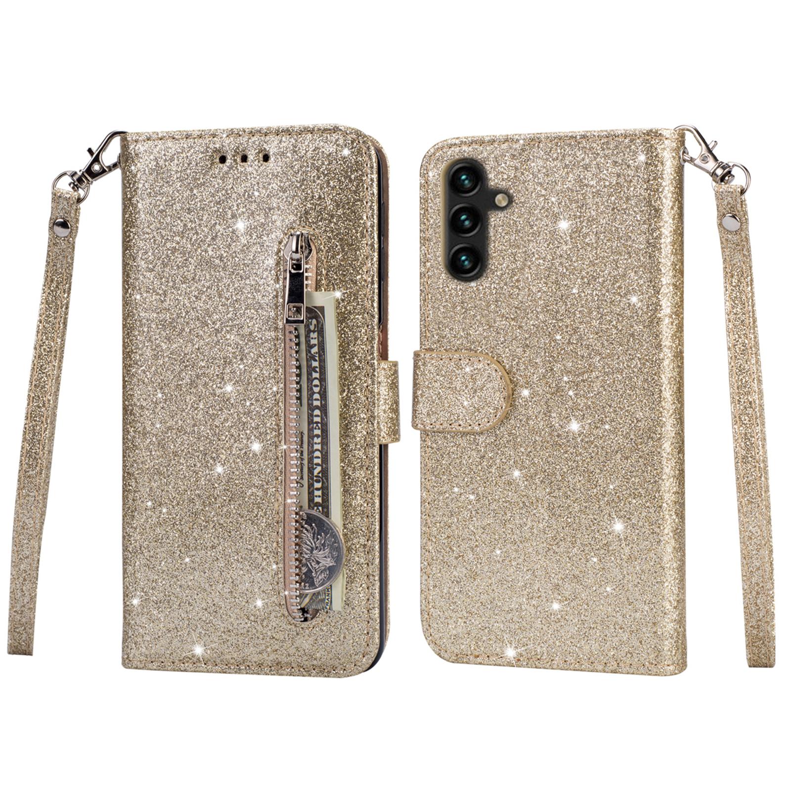 

For Samsung Galaxy A55 5G Cell Phone Case Zipper Pocket Wallet Glitter Leather Drop-proof Cover Gold
