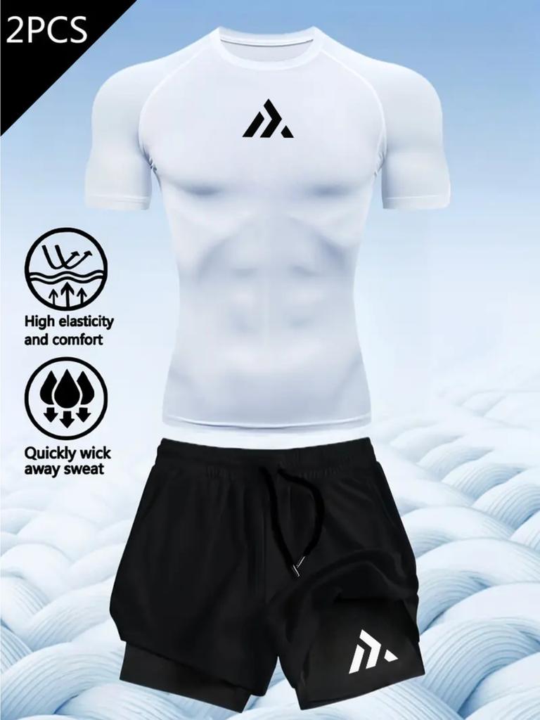 2D printed T-shirt men's summer two-piece sportswear running T-shirt elastic quick-drying sports top sports fitness shirt men's