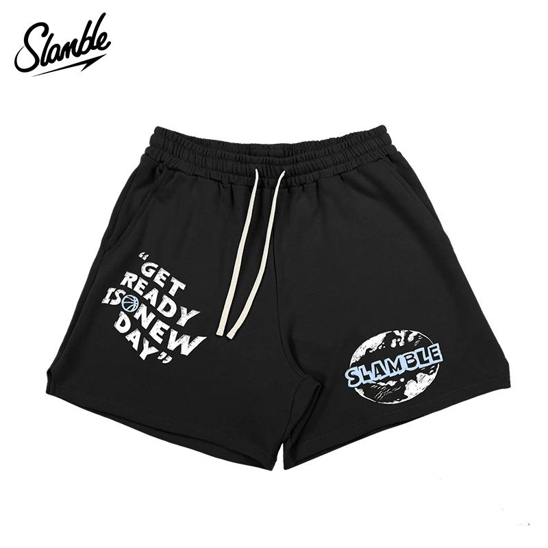 Slamble Summer New Letter Earth Print Terry Shorts Unisex Casual Sports American Style Quarter-Length Shorts Trendy S чёрный