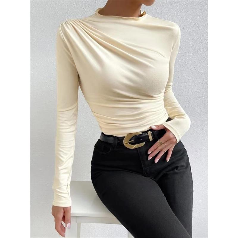 Fashion Long Sleeved Pleated Slim Fit Women T-shirt Solid Color Elegant Half Turtleneck Slim-fit Bottoming Tees Shirt Female Solid Color Basic Tops