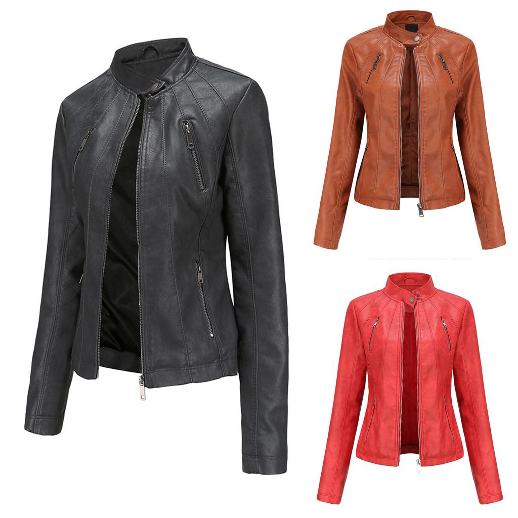 Women's Slim Leather Stand-Up Collar Zipper Stitching Solid Color Jacket