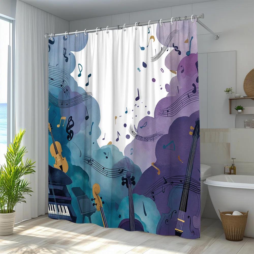 1pc Music Theme Shower Curtain, Violin And Piano Illustration, Sheet Music And Notes Background, Watercolor Style, Bathroom Deco