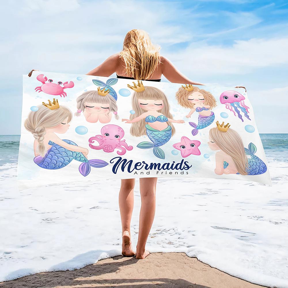 Children Girl Mermaid Beach Towel Purple Girls Seaside Quick-Drying Bath Towel Microfiber Towel Quick-Drying Pool