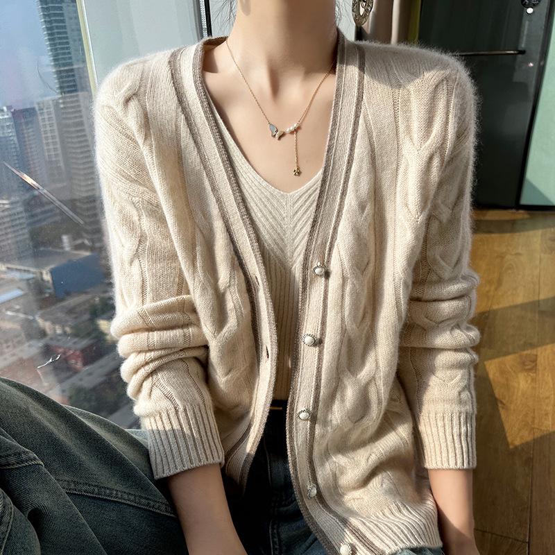 Women's V-Neck Cable Knit Wool Cardigan – New Autumn/Winter Color Block Cashmere Sweater Coat